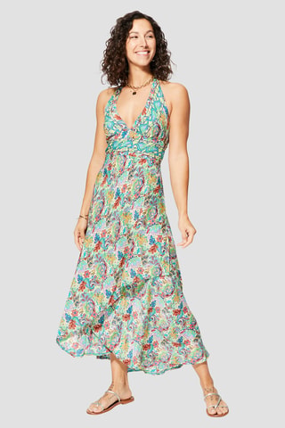 Robe longue - Beige et vert clair - Beige et vert
