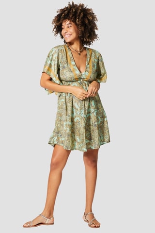 Robe courte trapèze - Vert et bleu - Beige, bleu et vert