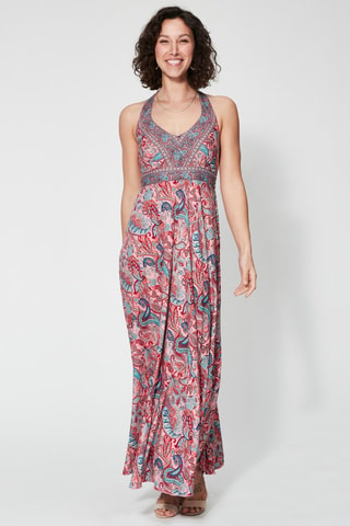 Robe longue - Rouge - Rouge, bleu et gris