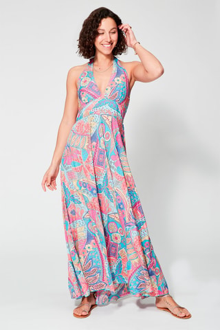 Robe longue - Beige, bleu et rose