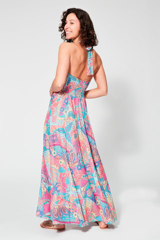 Robe longue - Beige, bleu et rose