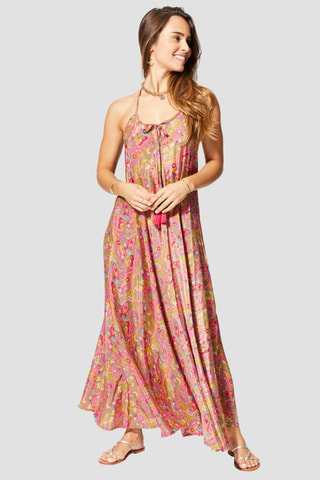 Robe longue - Vert, orange et rose