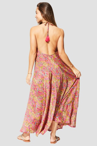 Robe longue - Vert, orange et rose