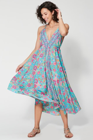 Robe midi - Bleu - Bleu, vert et rose