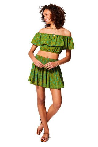 Crop Top en Skaterrok Hoge Taille - Kaki en Turquoise - Blauw en groen