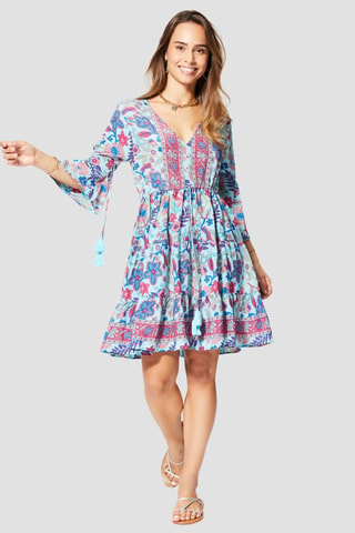 Korte Jurk - Blauw - Wit, blauw en roze