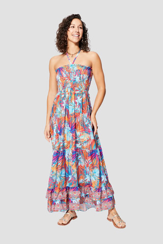 Robe longue - Orange et turquoise - Orange