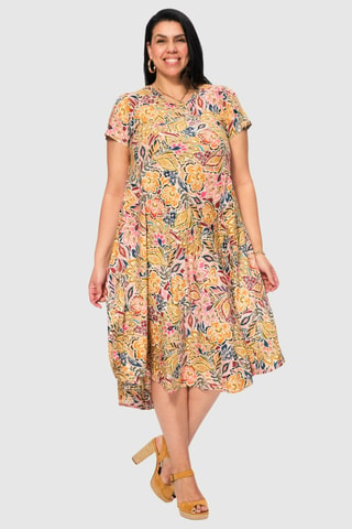 Robe midi - Beige, bleu et jaune