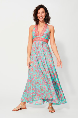Robe longue - Beige, bleu et rose