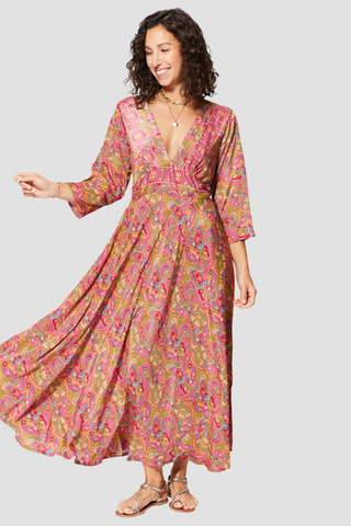 Robe longue - Vert, orange et rose