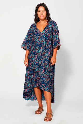 Robe longue asymétrique Bleu marine - Blanc, bleu et rose