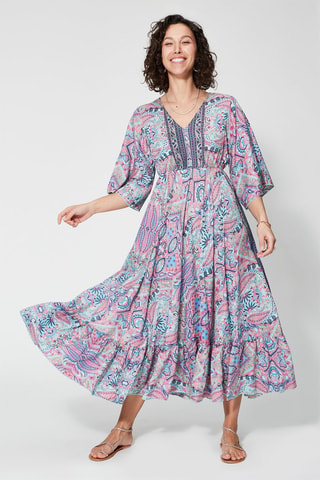 Robe longue - Turquoise et bleu marine  - Beige et rose