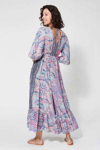 Robe longue - Turquoise et bleu marine  - Beige et rose