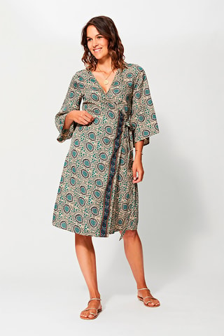 Robe midi portefeuille Crème et bleu marine - Beige, bleu et gris