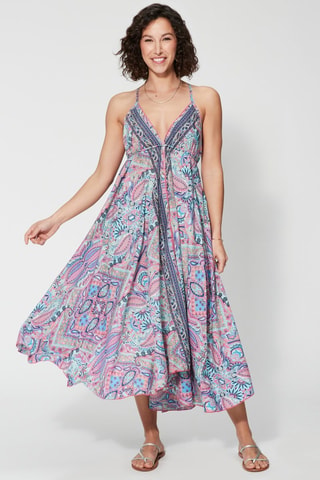 Robe midi volantée - Rose - Bleu, violet et rose