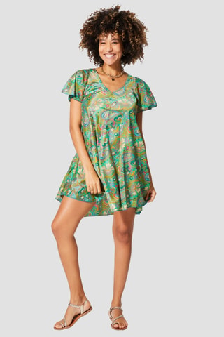 Robe trapèze - Vert et bleu - Bleu, vert et orange