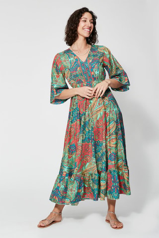 Robe longue - Turquoise - Beige, bleu et rouge