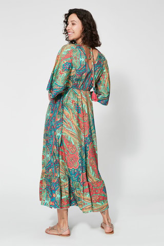 Robe longue - Turquoise - Beige, bleu et rouge