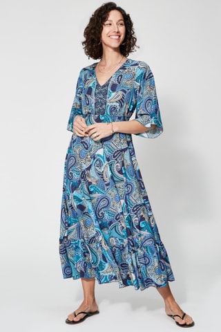 Robe longue - Bleu marine et blanc - Blanc, beige et bleu