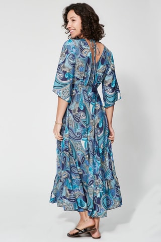 Robe longue - Bleu marine et blanc - Blanc, beige et bleu