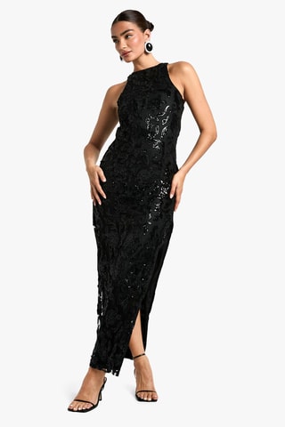 Robe longue en velours et dentelle - Noir