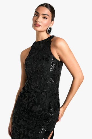 Robe longue en velours et dentelle - Noir