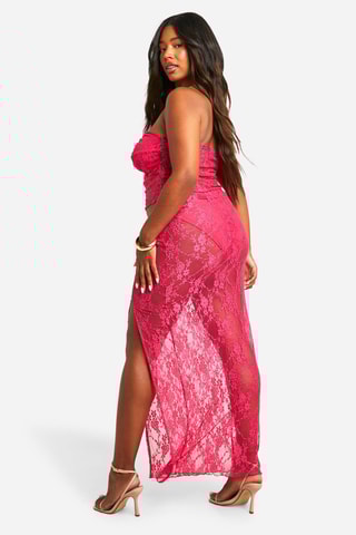 Crop top bustier et jupe longue taille haute en dentelle - Rose