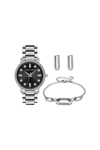 Cofanetto orologio al quarzo in acciaio e zirconi, bracciale e orecchini Lisbon