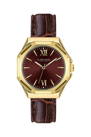 Orologio al quarzo in pelle di vitello Burgundy - Marrone e dorato