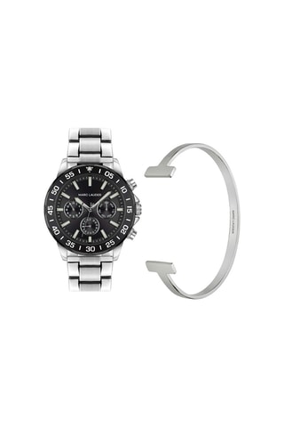 Cofanetto orologio al quarzo in acciaio e bracciale bangle aperto