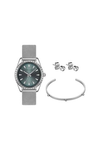 Cofanetto orologio al quarzo in acciaio e zirconi, orecchini e bracciale bangle Ankara