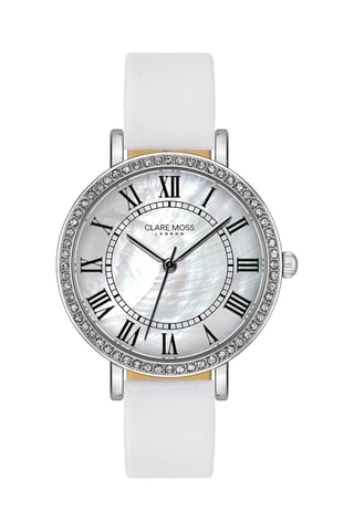Orologio al quarzo in pelle di vitello, madreperla e zirconi Symphony - Bianco e argentato