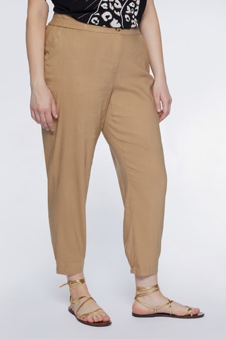 Pantalon droit 7/8 en lin taille haute - Marron clair - Beige