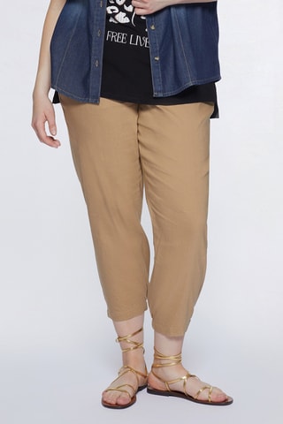 Pantalon droit 7/8 en lin taille haute - Marron clair - Beige