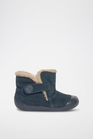 Bottines fourrées en cuir Baby Bubble - Bleu marine et beige