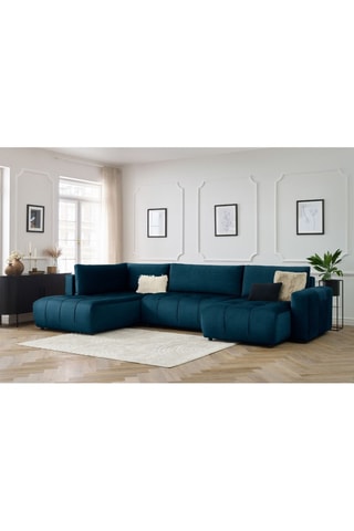Canapé d'angle droit panoramique convertible Arsene - Bleu - Couchage 135 x 325 cm