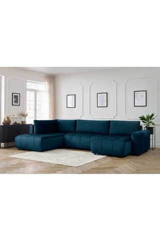 Canapé d'angle droit panoramique convertible Arsene - Bleu - Couchage 135 x 325 cm