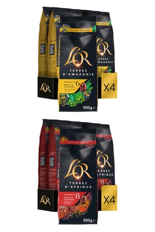 4 x 500 g - Café en grains L'Or Terres d'Amazonie - Intensité 6 + 4 x 500 g - Café en grains L'Or Terres d'Afrique - Intensité 8