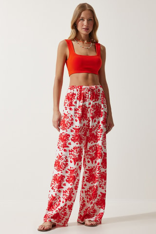 Calças loose cintura subida - Cru e vermelho
