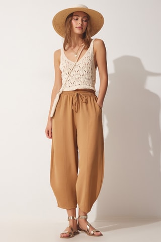 Calças shalwar 7/8 cintura subida - Castanho-claro