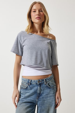 T-shirt cropped - Cinzento mesclado