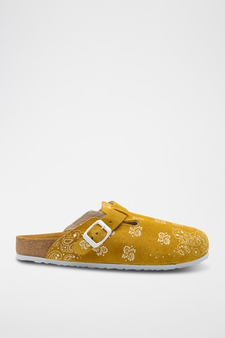 Zuecos de nobuk Folk Capri - Mostaza - Diseño ancho