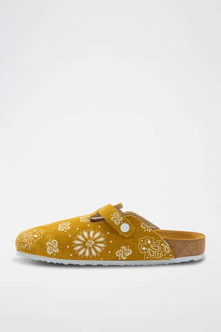 Zuecos de nobuk Folk Capri - Mostaza - Diseño ancho