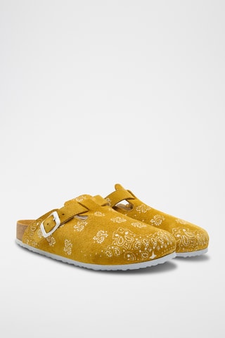 Zuecos de nobuk Folk Capri - Mostaza - Diseño ancho