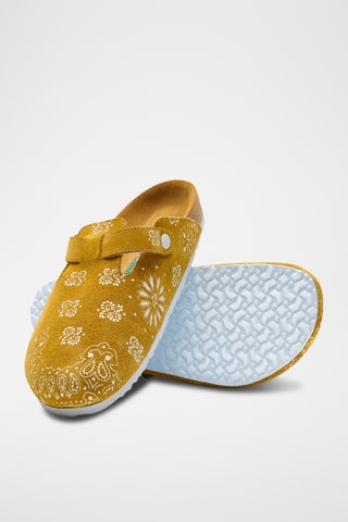 Zuecos de nobuk Folk Capri - Mostaza - Diseño ancho