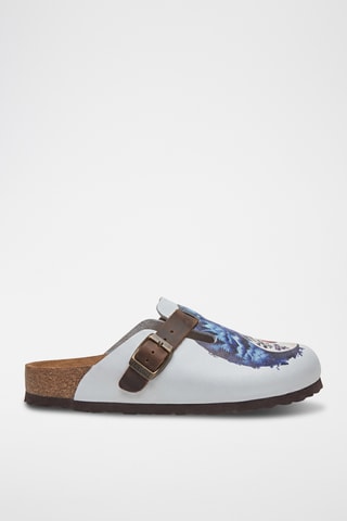 Zuecos de piel napa Capri-DJ - Blanco y celeste - Diseño ancho