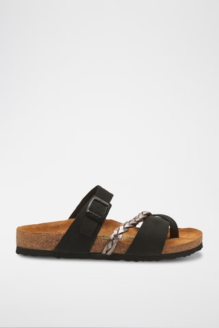 Sandalias de piel Campbell - Negro y plateado - Diseño ancho