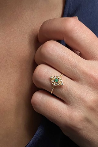 Bague - Argent plaqué or jaune, diamants et émeraude