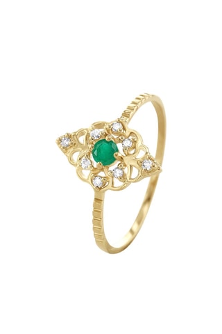 Bague - Argent plaqué or jaune, diamants et émeraude