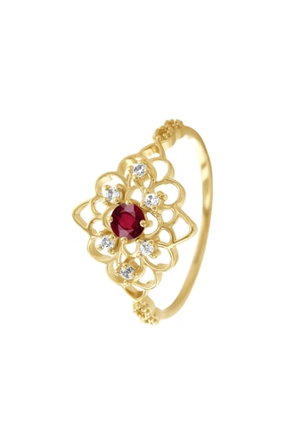 Bague - Argent plaqué or jaune, diamants et rubis